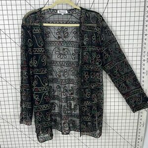 Jeannie vintage sheer Paisley floral embroidered print button front top M